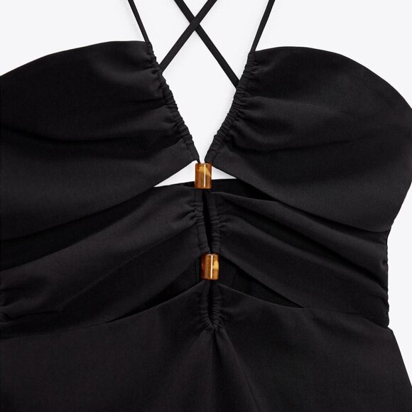 ZARA Cut Out Midi Dress, Wooden Bead Detail, Black, XS - Picture 2 of 12